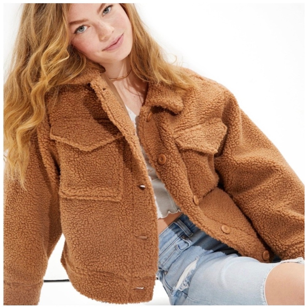 American Eagle Sherpa Trucker Jacket Brown Button Front Cropped Women's M